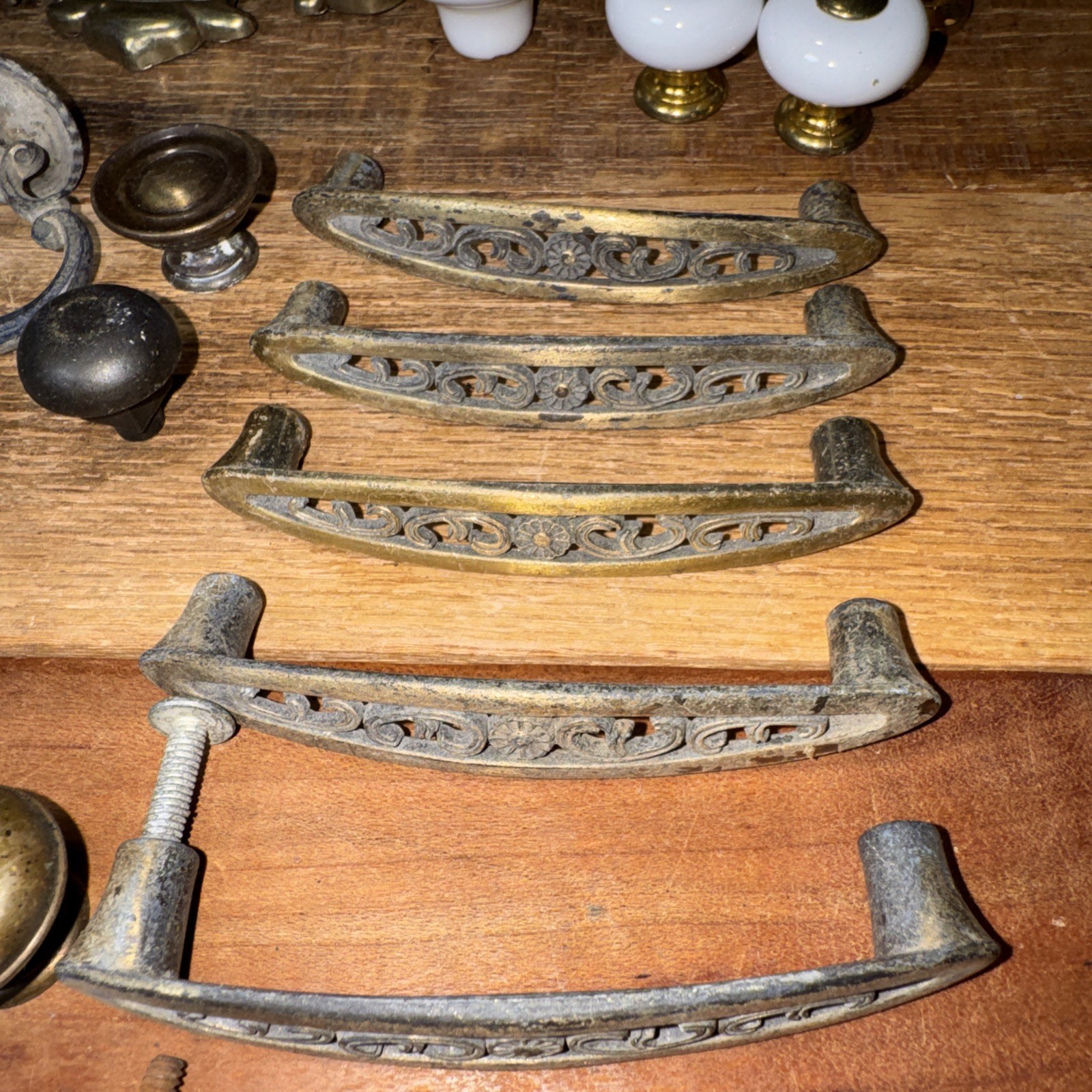 Lot of 43 Mixed Vintage Cabinet Dresser Knob Pulls Handles Porcelain Glass Brass