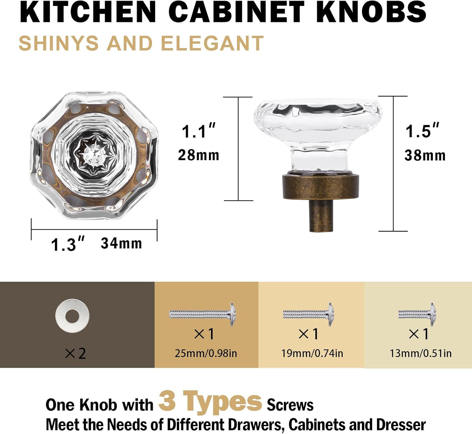 Antique Brass Octagon Glass Cabinet Knobs Set of 16 for Dresser & Kitchen