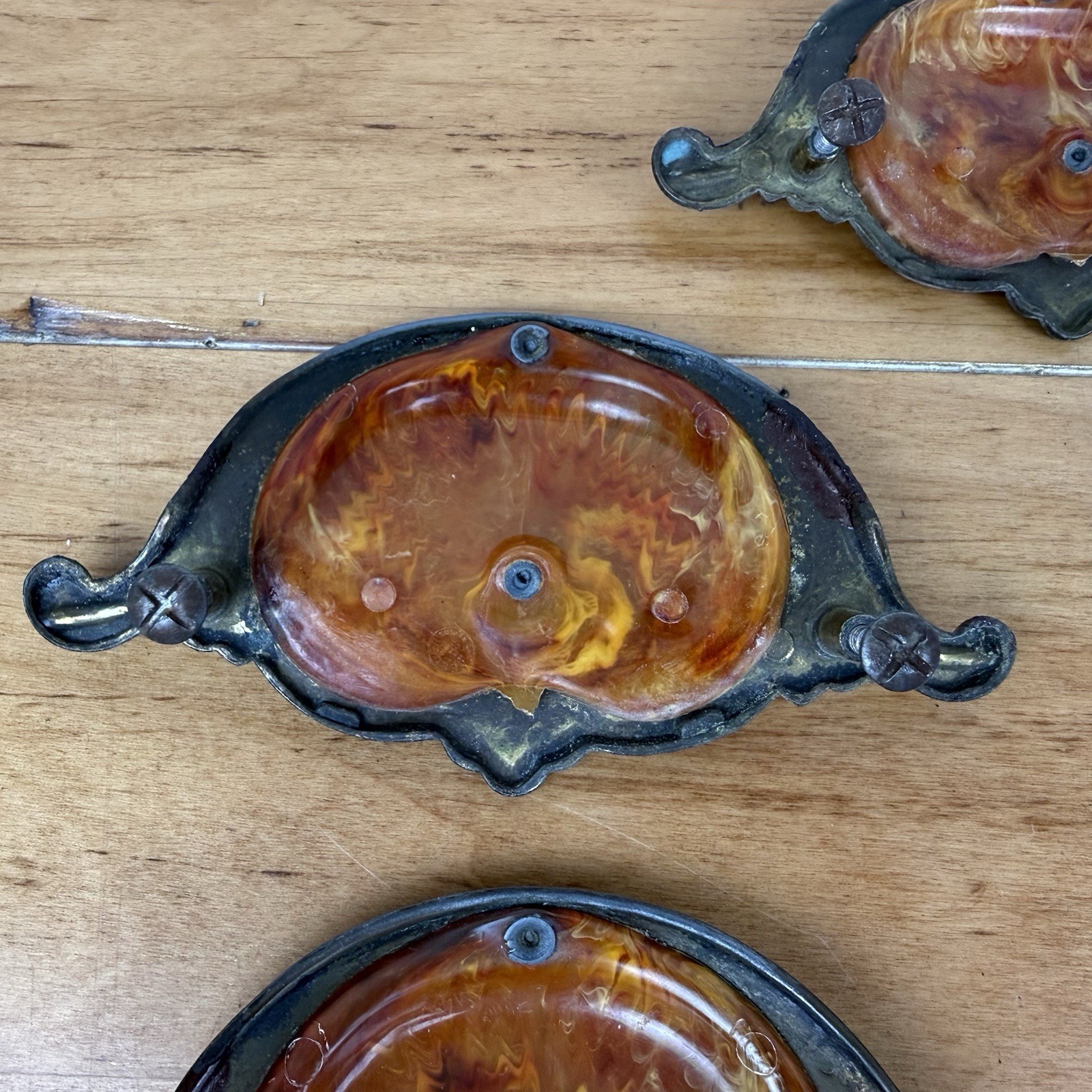 5 Vintage 1930’s-1940’s Keeler Art Deco Celluloid & Brass Original Drawer Pulls