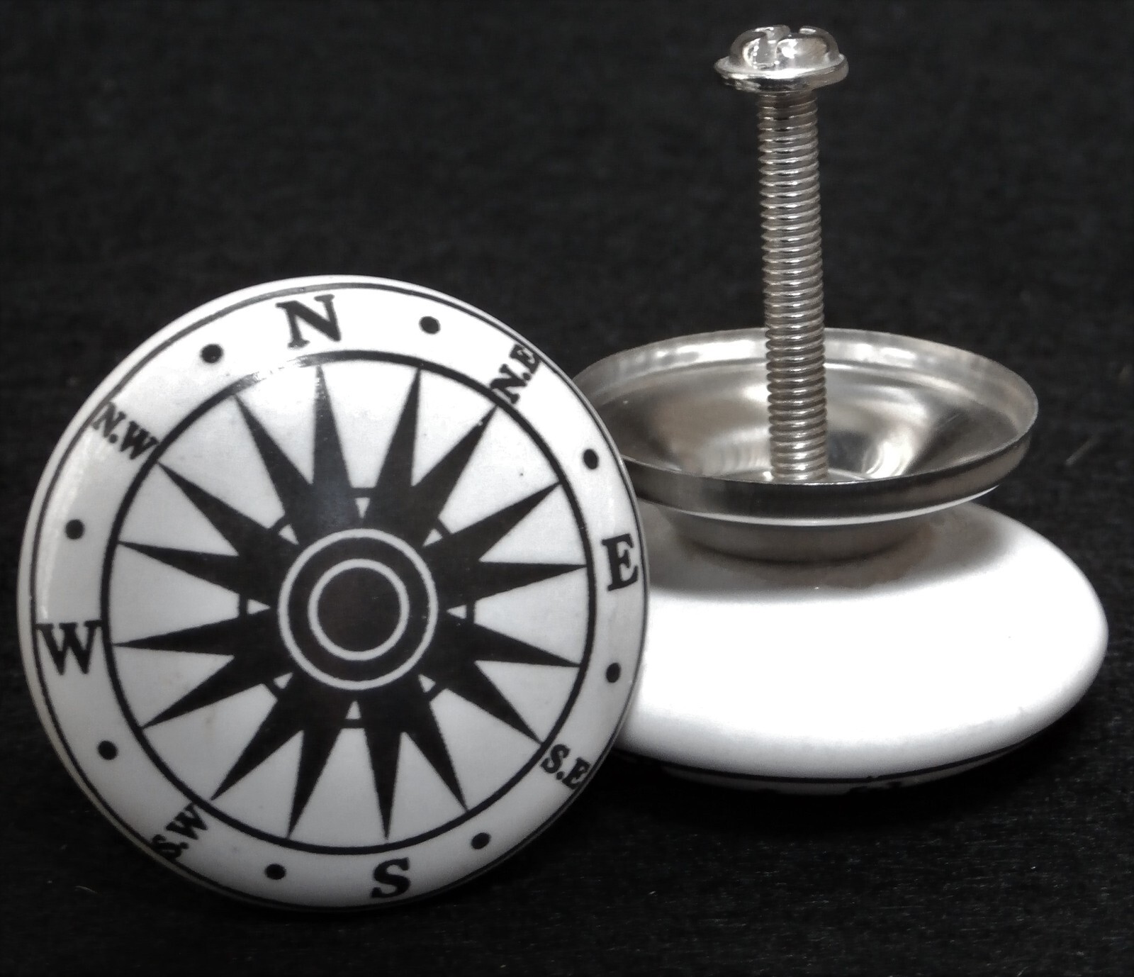 2 White Ceramic Nautical Hardware COMPASS Cabinet Drawer Pulls Dresser Knobs