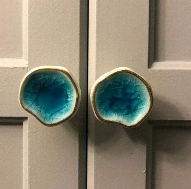 2 Antique Metal Drawer Pulls Ceramic Turquoise Door Cabinet Dresser 1 Knob