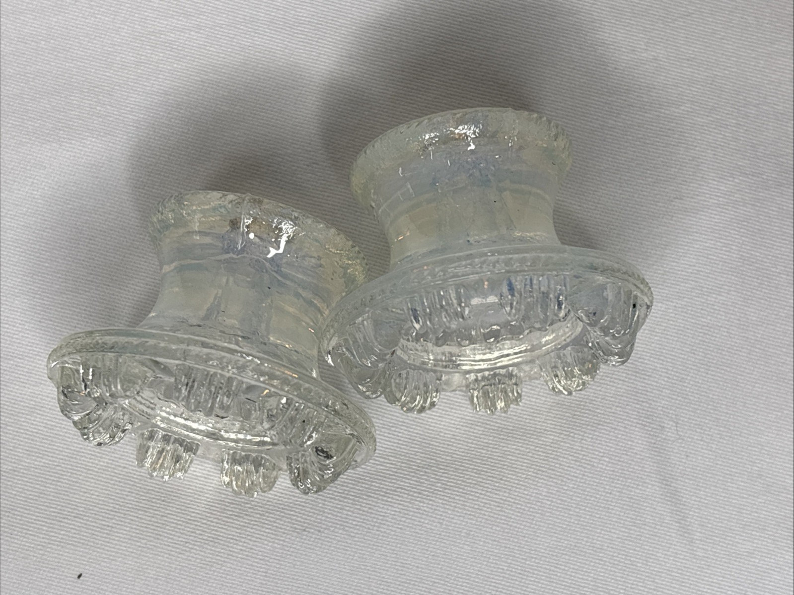2 Antique Boston Sandwich Glass Floral Clam Broth Drawer Pulls 2” Iridescent