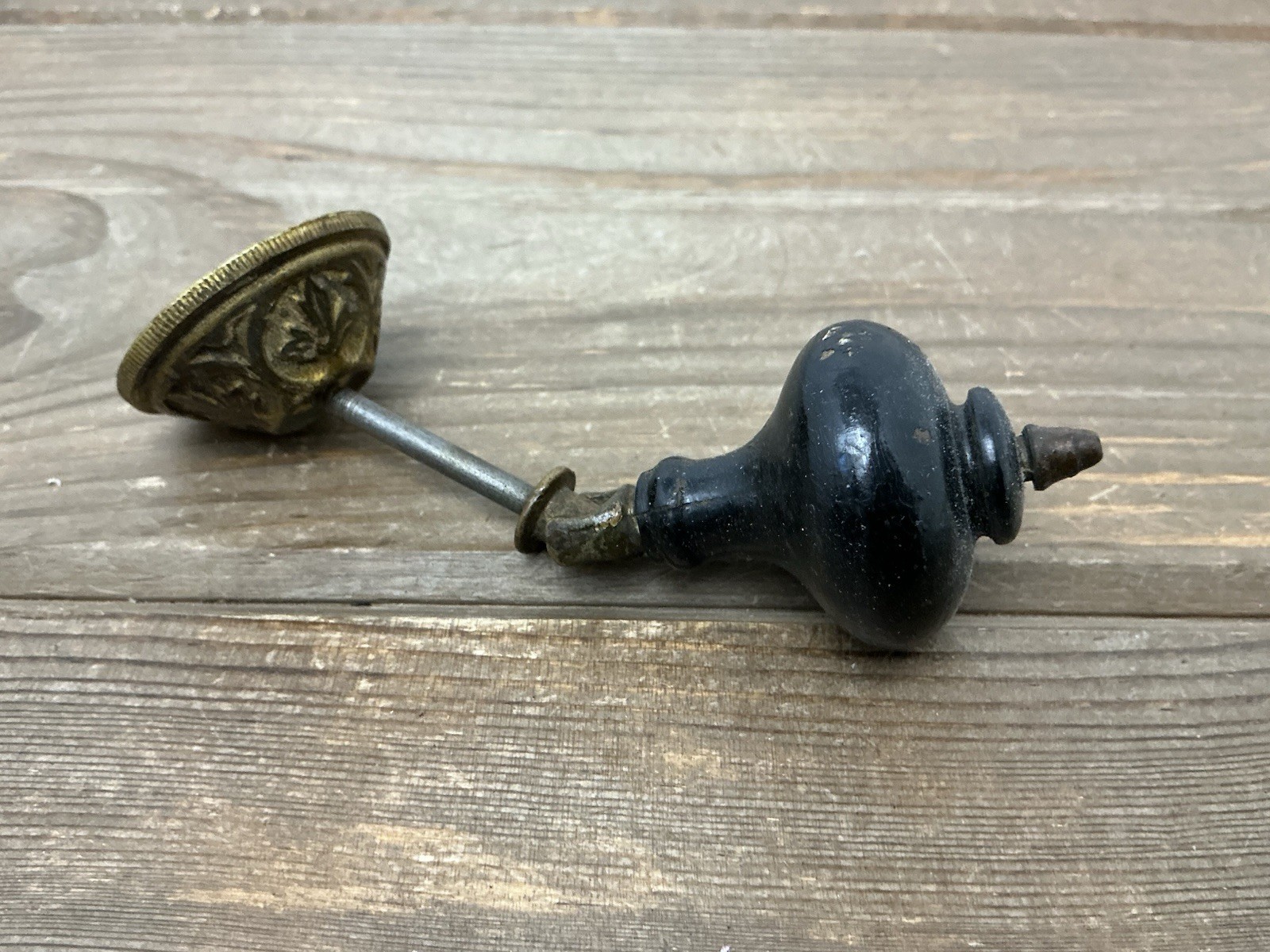 2 Antique Drop Drawer Pulls, Parts Brass Black Wood Teardrop Victorian/Edwardian