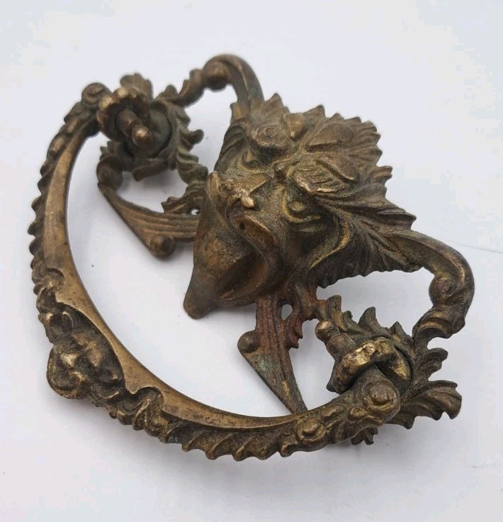 Antique Lion Face Drop Bail Pull Drawer Cabinet Handle Ornate Old Brass Hardware