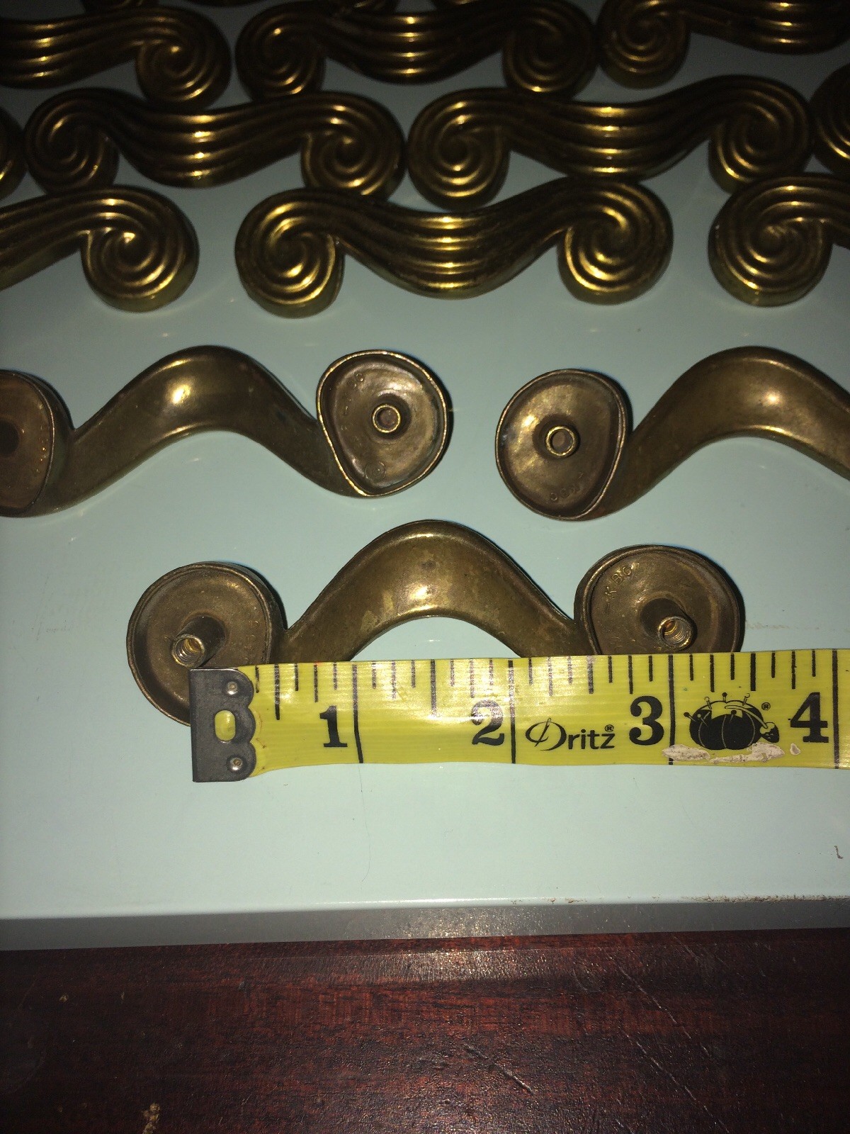 Vintage Art Deco Waterfall Curvy KBC Brass Handle Pull Original Patina
