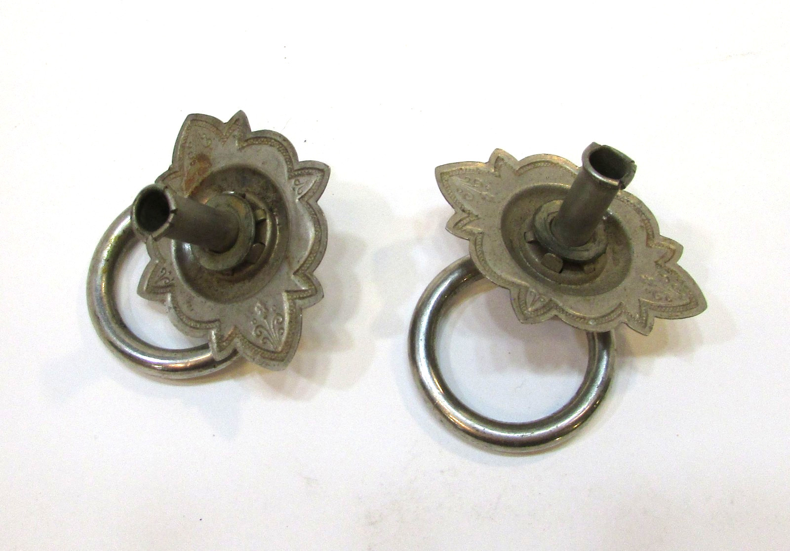 Pair Old 1900’s Stamped Antique Nickel Plated Brass Ring Drawer Pulls