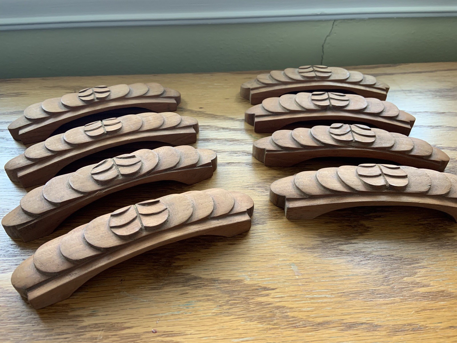 Vintage DRAWER PULLS Folk Art Country (8) Hand Carved Hard Wood 5-3/4” X 1-1/2”