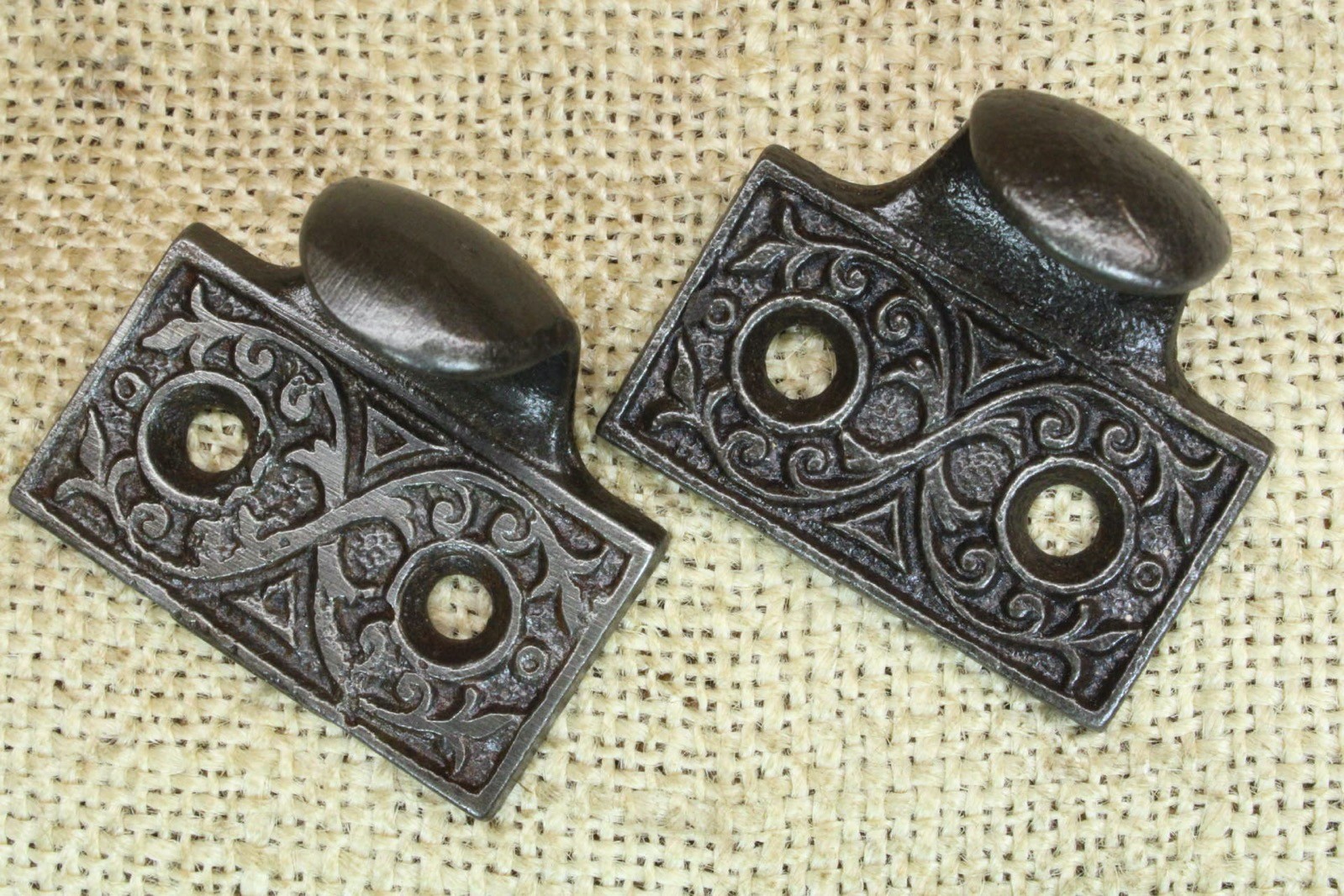 2 Old Window Sash Lifts Pulls Restored Cast Iron Victorian Ferns Triangle Scroll