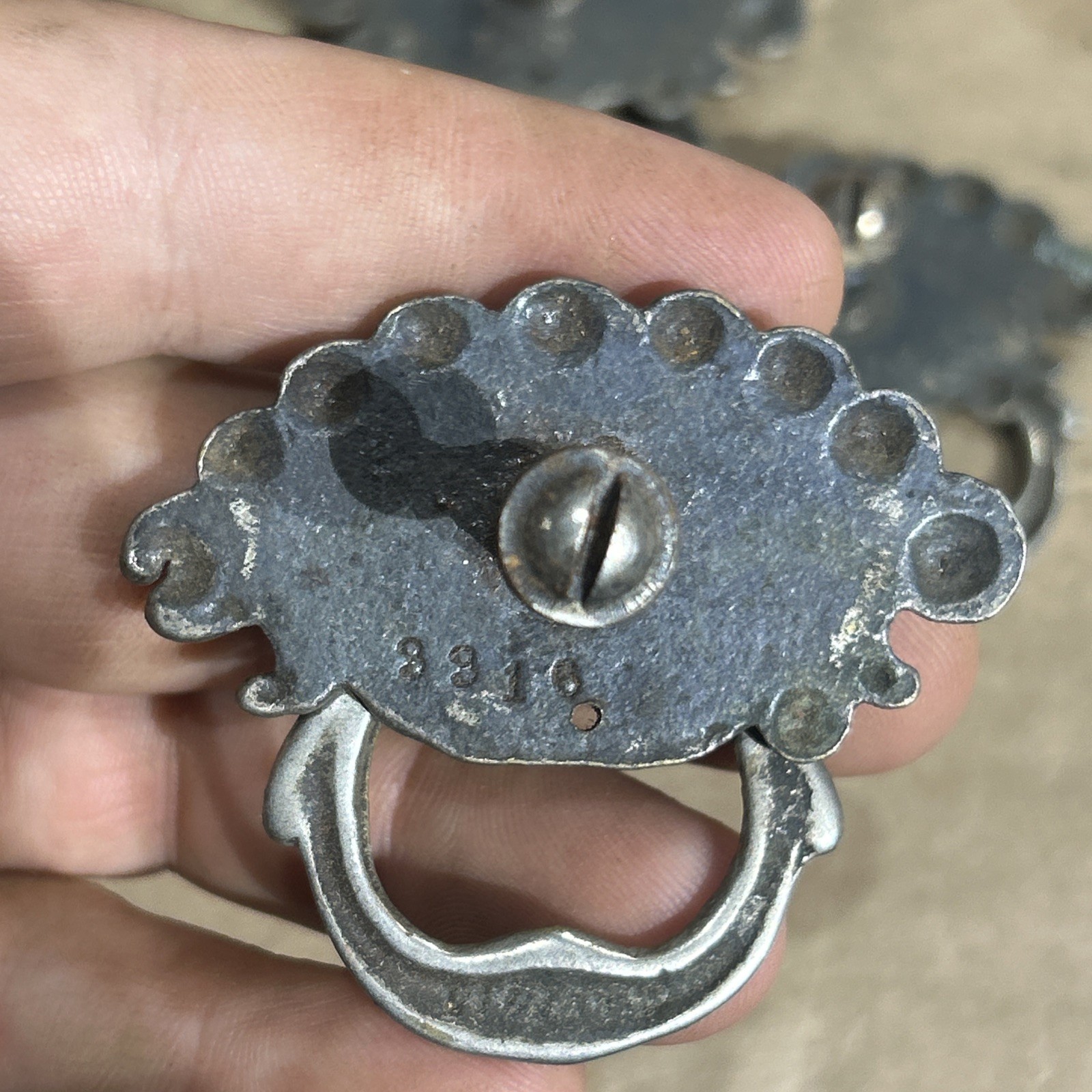 VICTORIAN Nickel Drawer Pull Antique Hardware Drop Ring Shell Knob Lot Of 3 3316