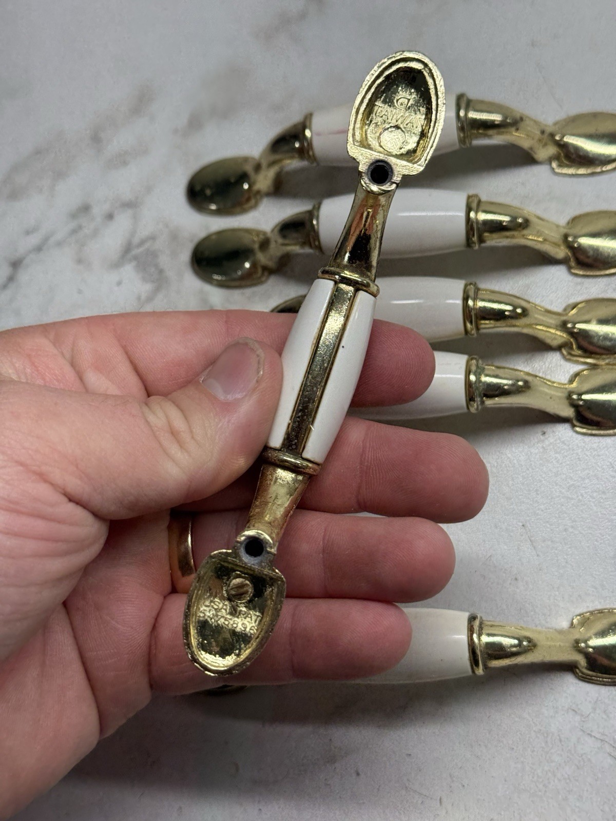 Vintage Drawer Pulls Cabinet Handles Set of 7 Beige Ceramic Center 3”