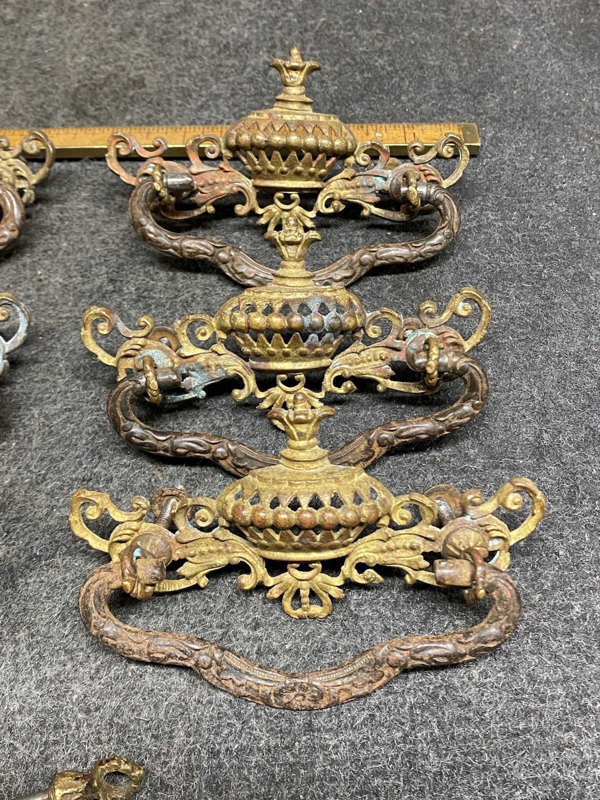 6 Antique Brass And Cast Iron Victorian Style Drawer Pulls 3” Bolt Pattern