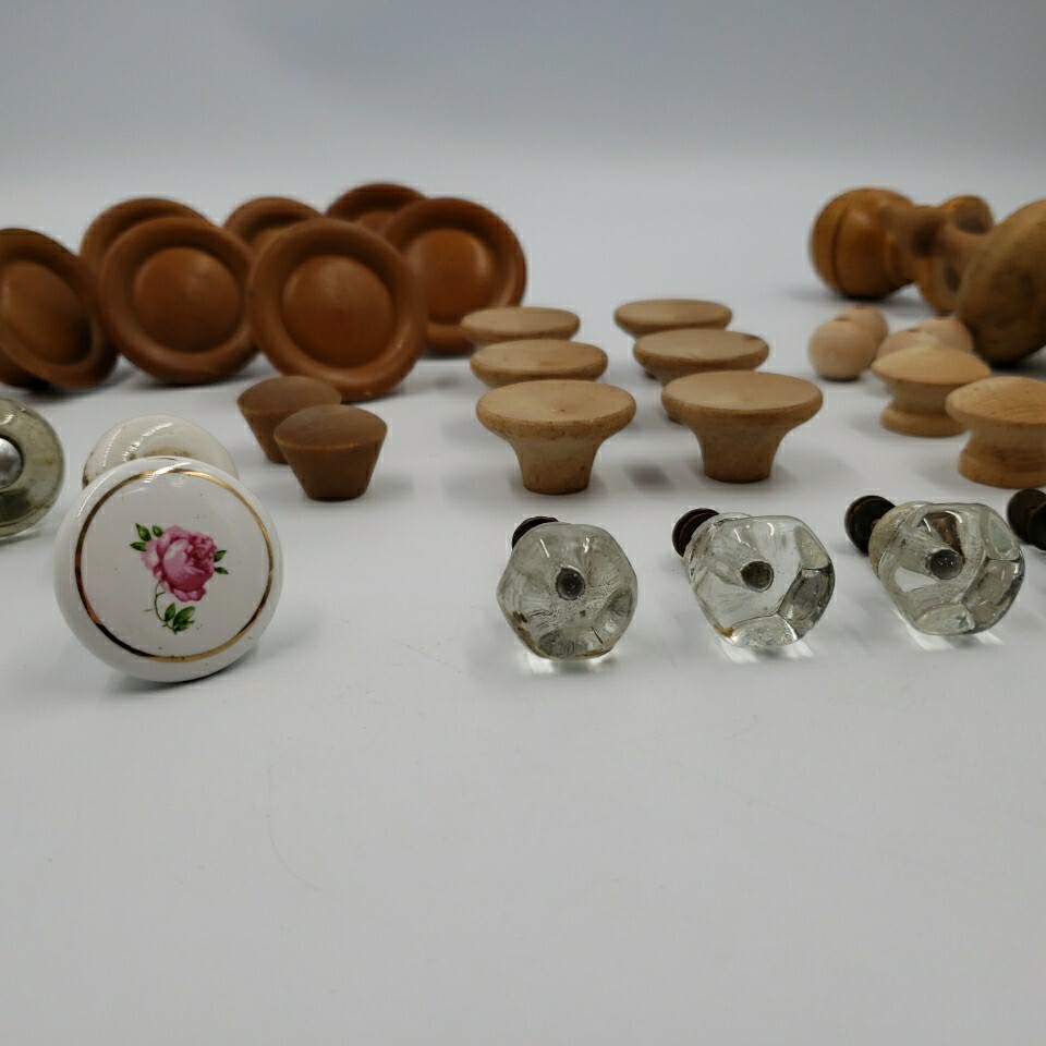 Vintage Lot of 28 Crystal Glass Wood Drawer Cabinet Pulls Knobs Handles Salvage