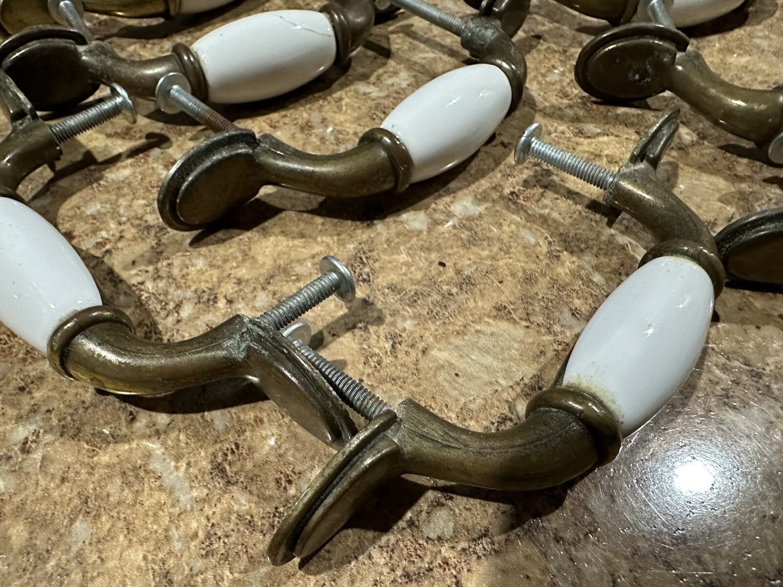 Vintage Drawer Pulls Handles Cupboard Door SET of 13 Ceramic porcelain & Brass