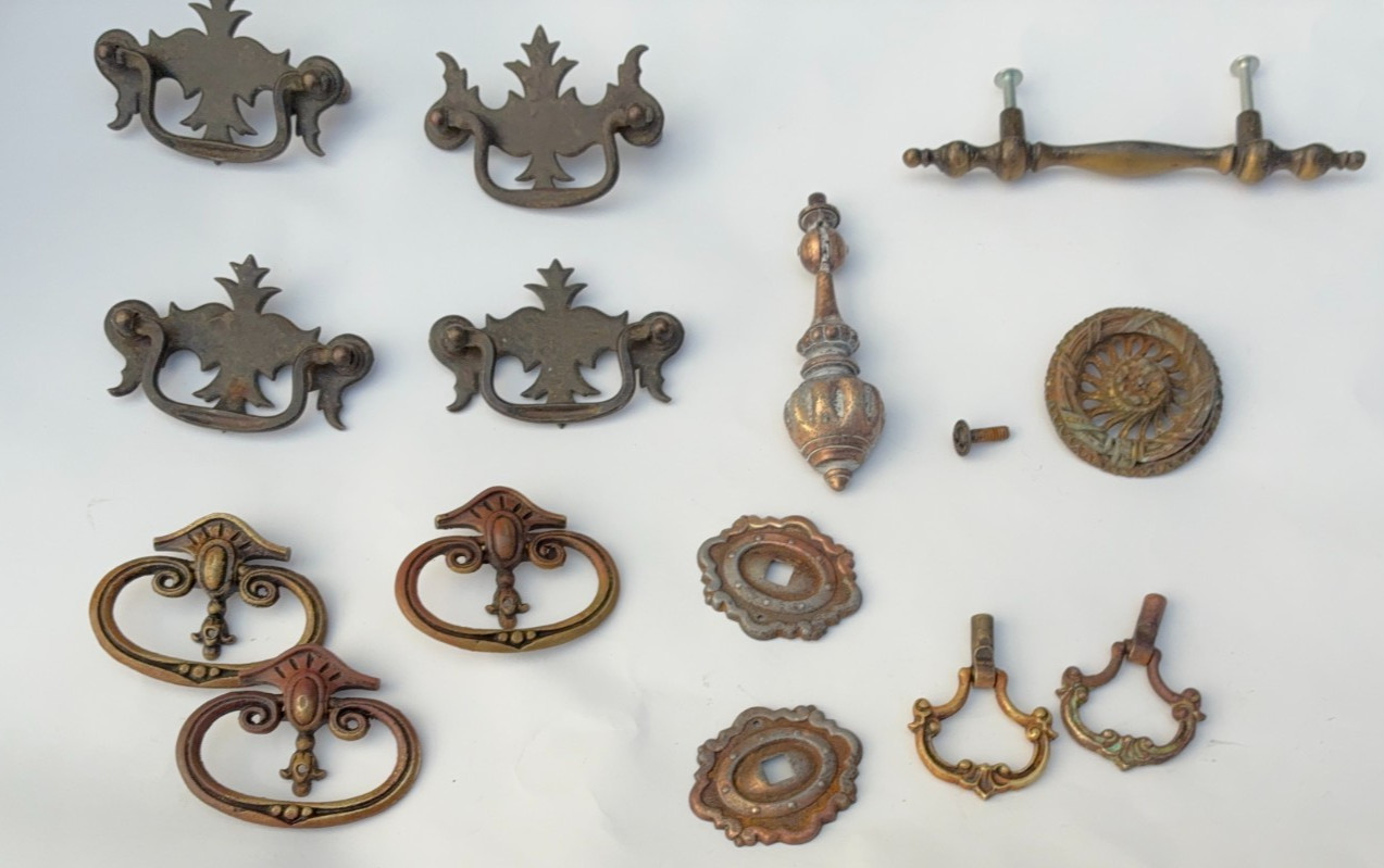 Lot Brass & Metal Pulls Cabinet Handle Mixed Material Distressed Vintage Salvage