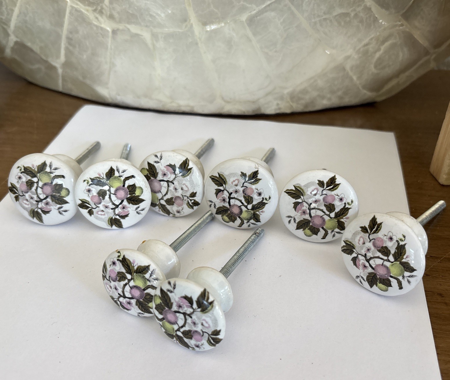 Vtg Porcelain Pulls/Knobs, White Painted Cherry Blossom Floral Design~Lot of 8