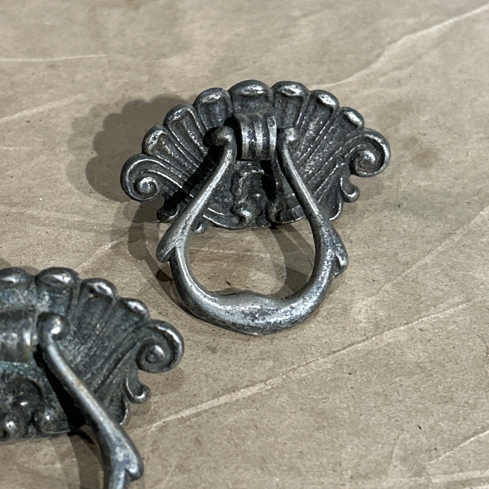 VICTORIAN Nickel Drawer Pull Antique Hardware Drop Ring Shell Knob Lot Of 3 3316