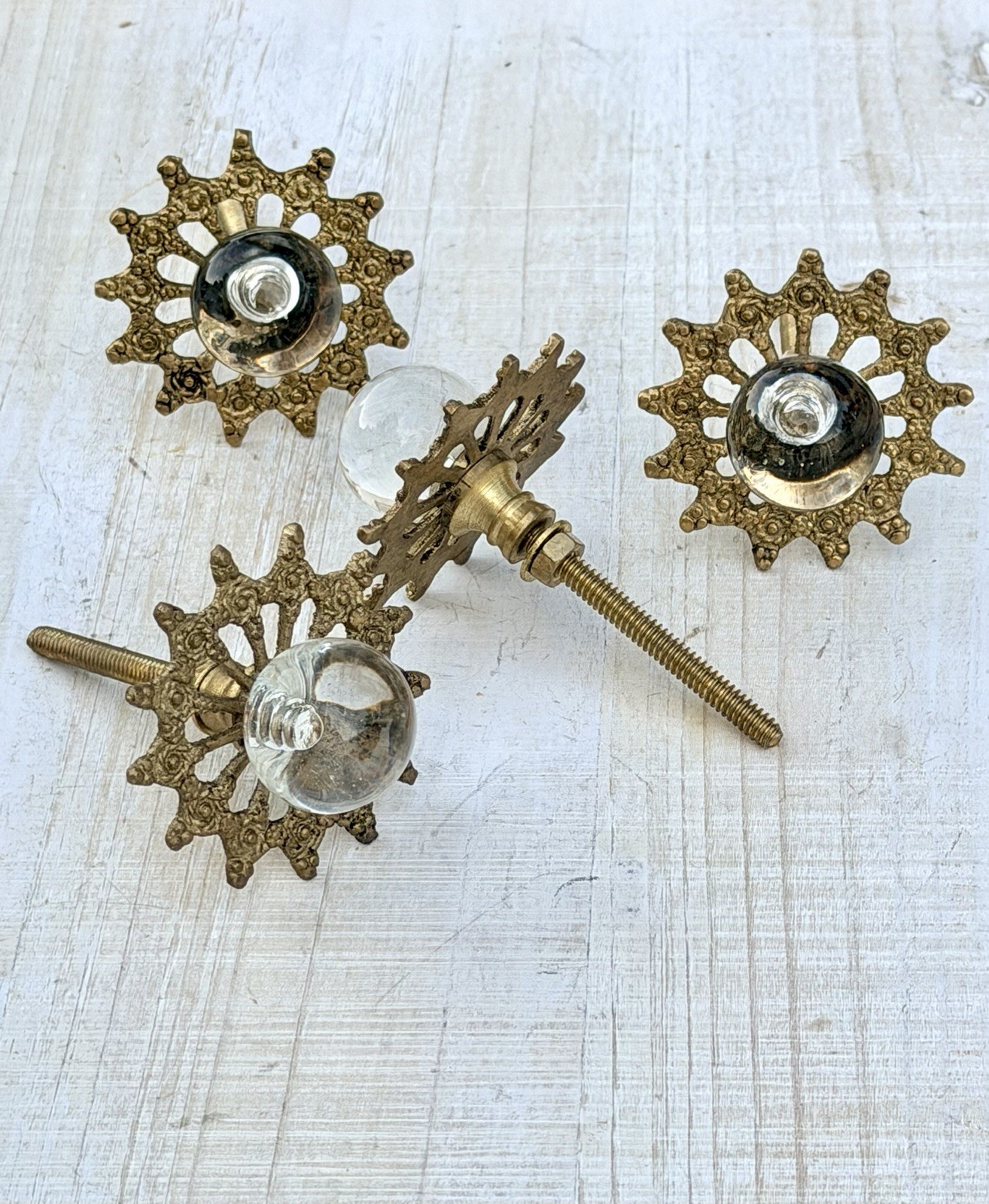 4 Antique Glass Drawer Pull Handle Clear Smooth Cabinet Knob Brass Ornate Base