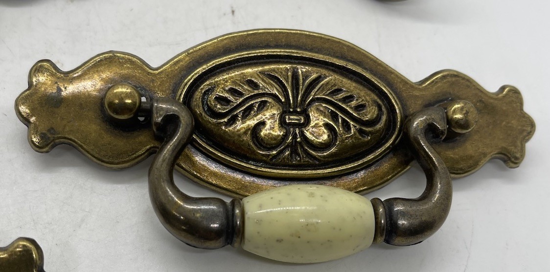 Brass Drawer 3 Pulls And w Knobs With Beige Ceramic Bead Center Vintage