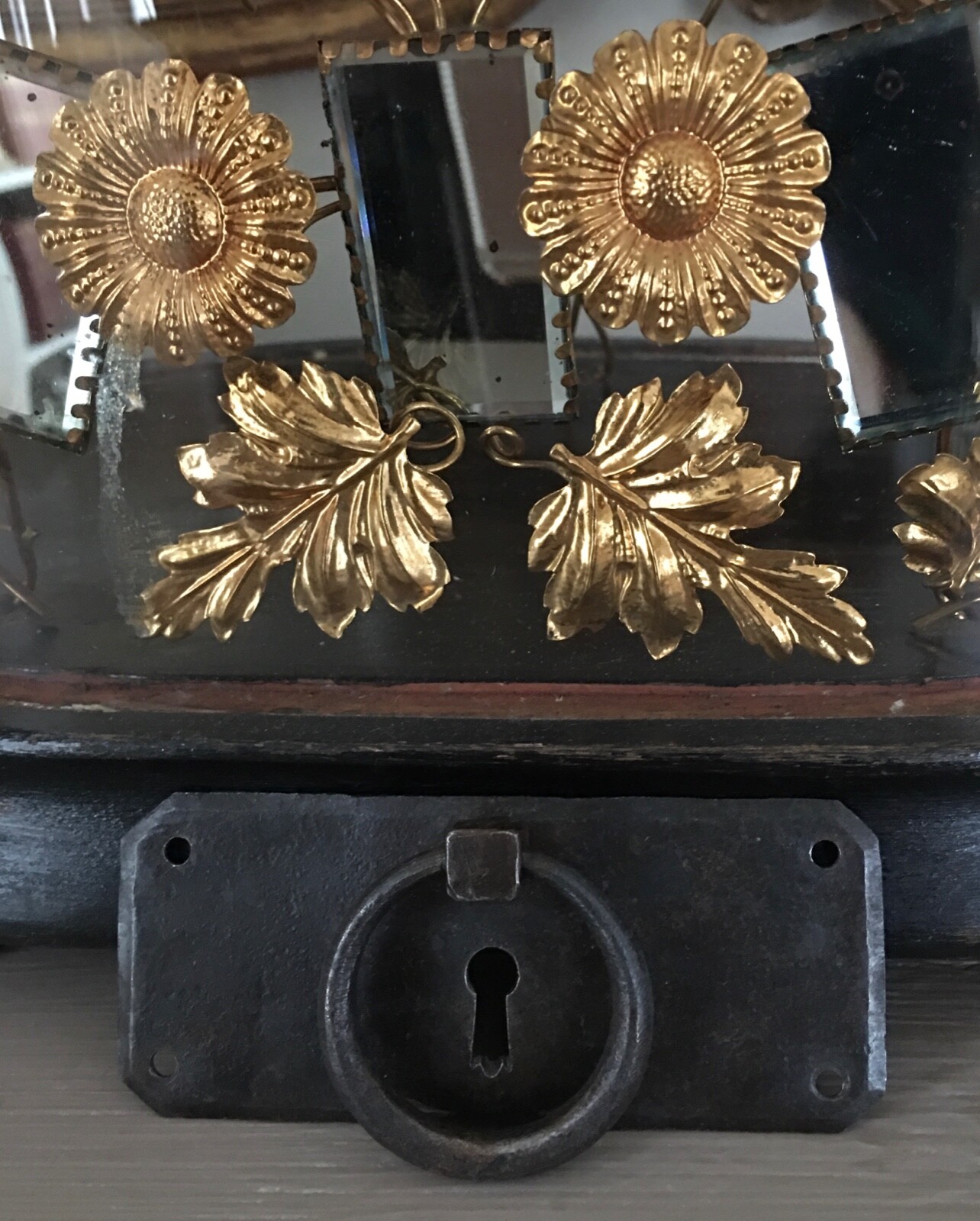 Vintage French Drawer Metal Hardware Drop Ring Pull Keyhole Cover Plate Salvage