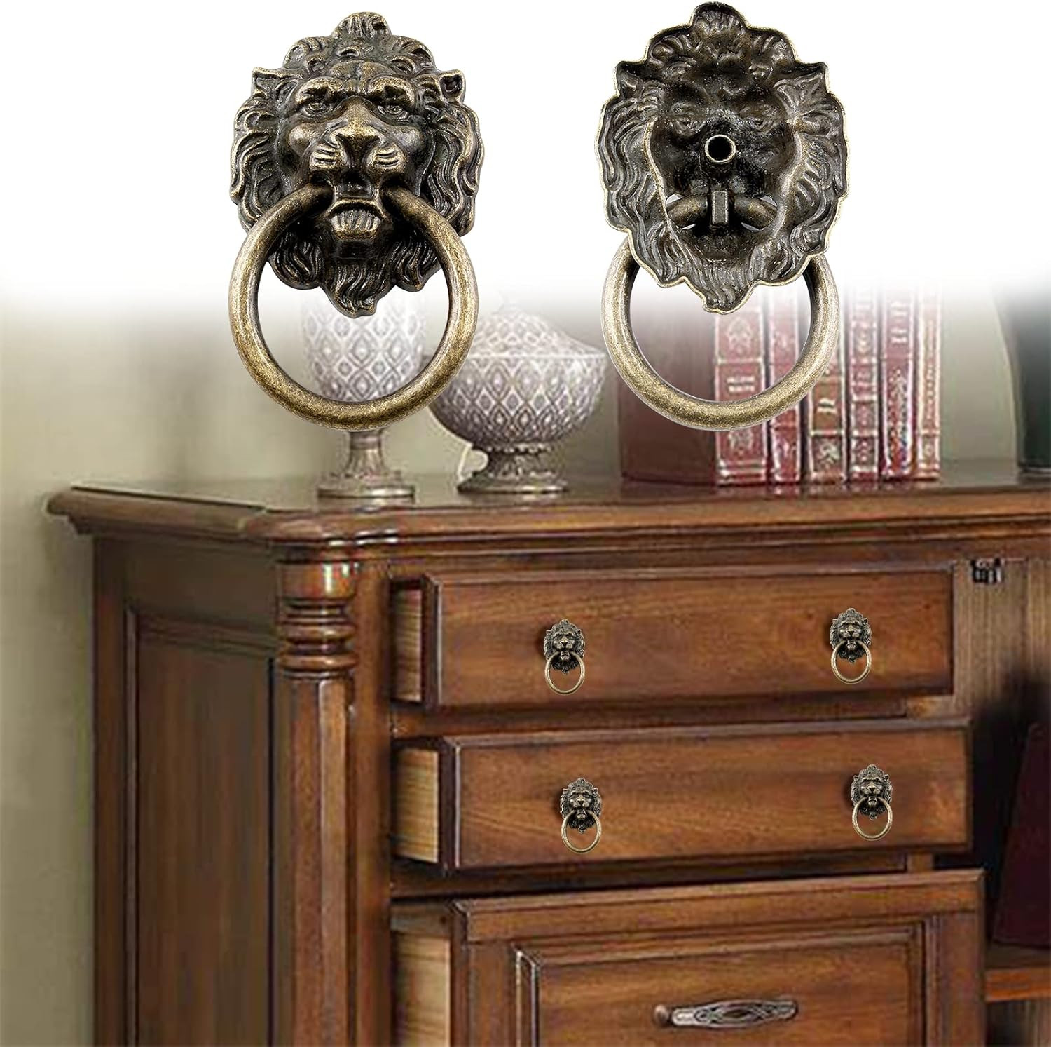 6 Pcs Lion Head Knobs Pull, Antique Bronze Ring Handles for Dresser Drawers