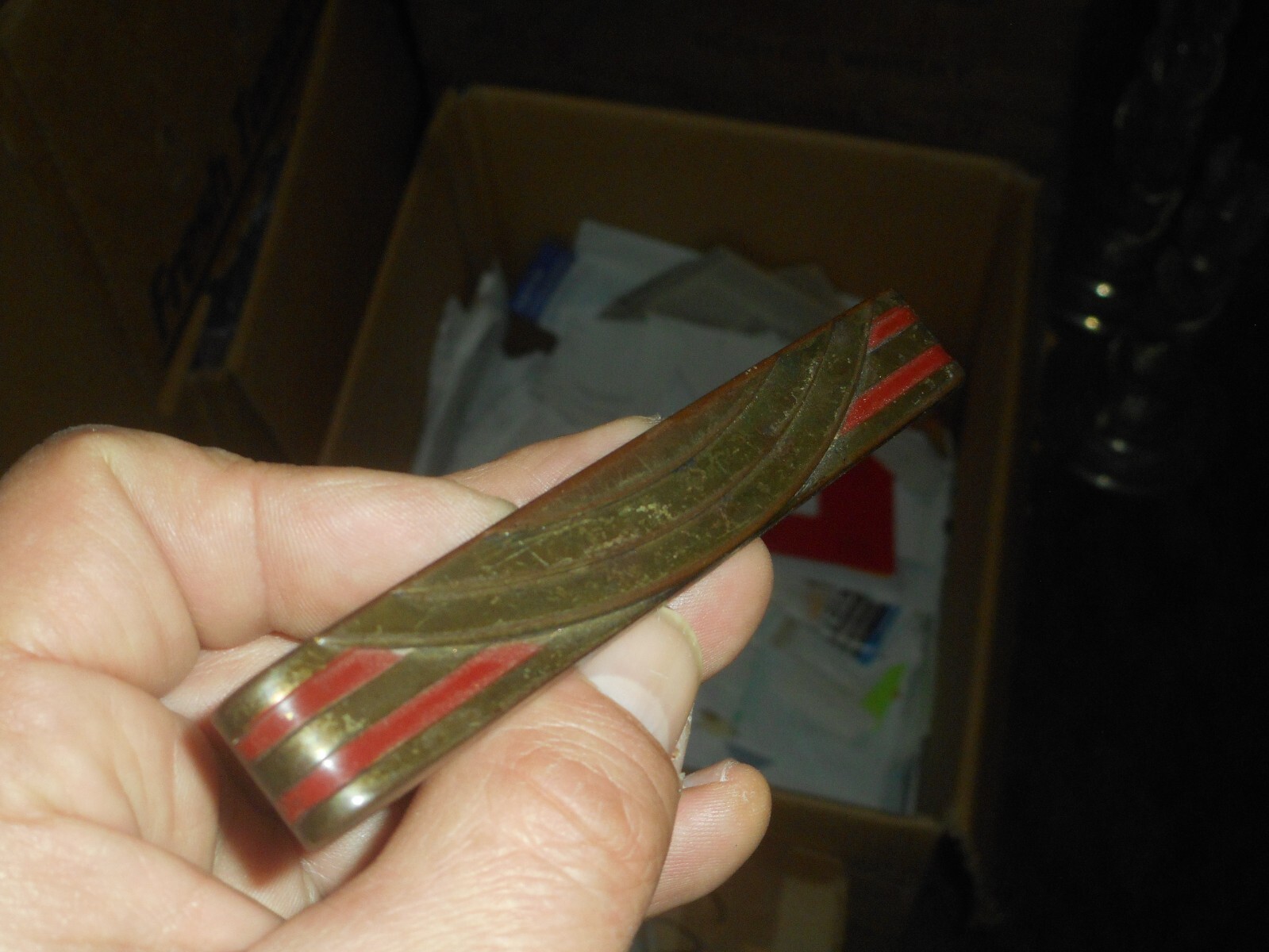 Antique ART DECO Dresser Drawer Pulls Pressed Metal WATERFALL ARCHES Red Paint 4