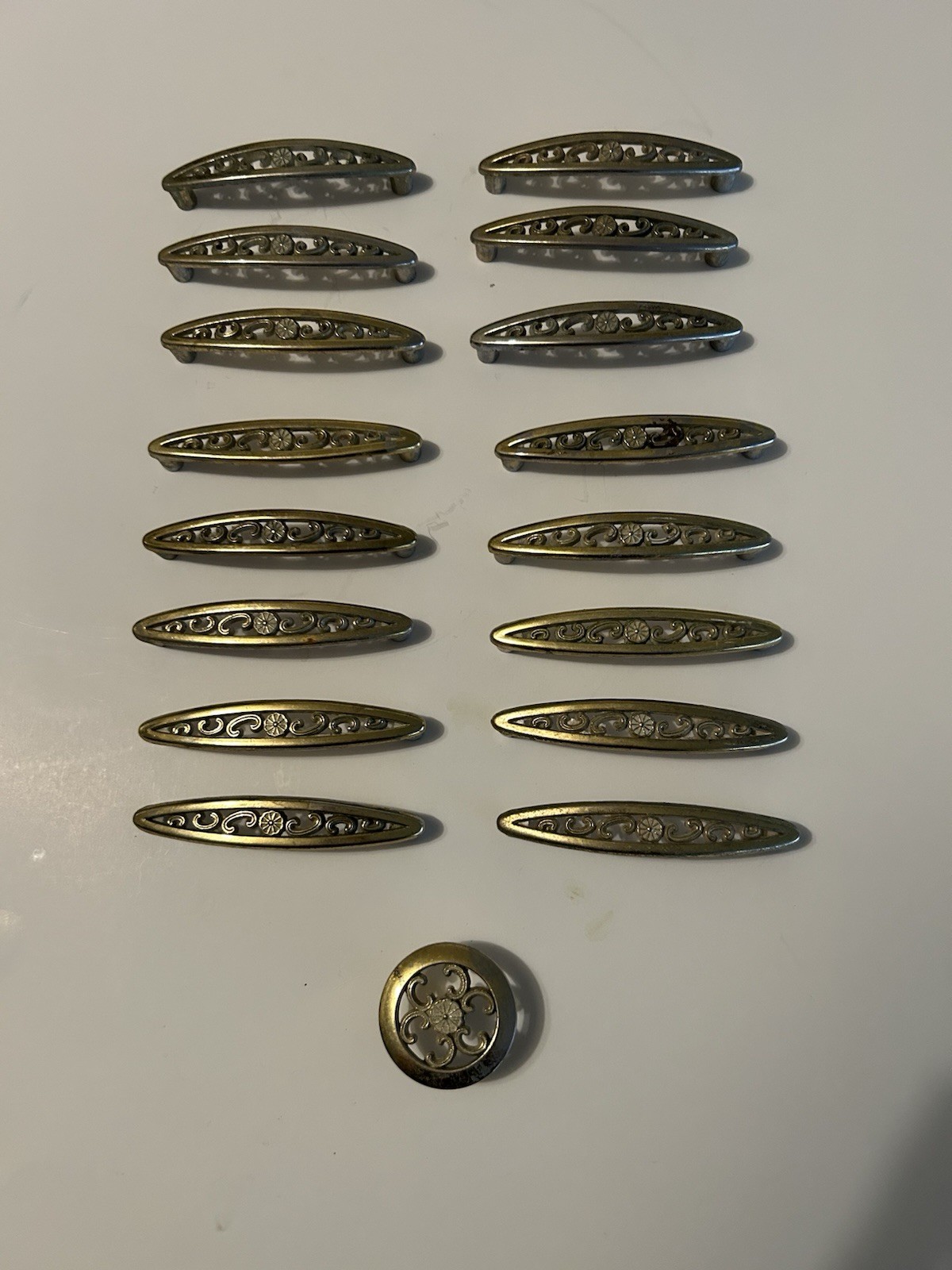 Lot Of 16 MCM Allison/Amerock Antique Brass Floral Filigree Pull Handle 3″ OC