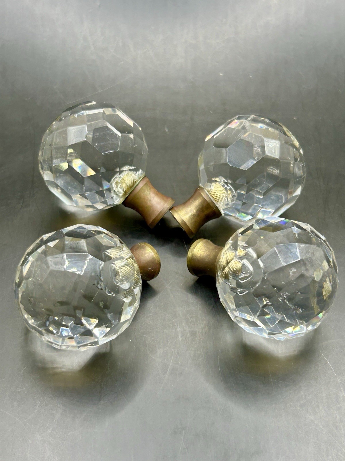 (4) Vintage Round Crystal Faceted Lamp Finials Drawer Pull Knobs/Brass Finish