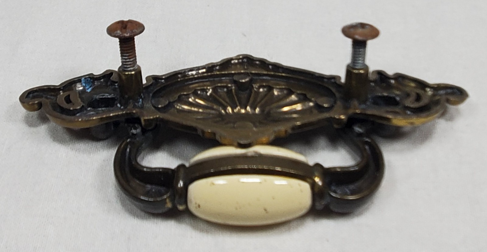 Vintage Brass Drawer Pull With Beige Ceramic Center Bead 2 1/4″ OC