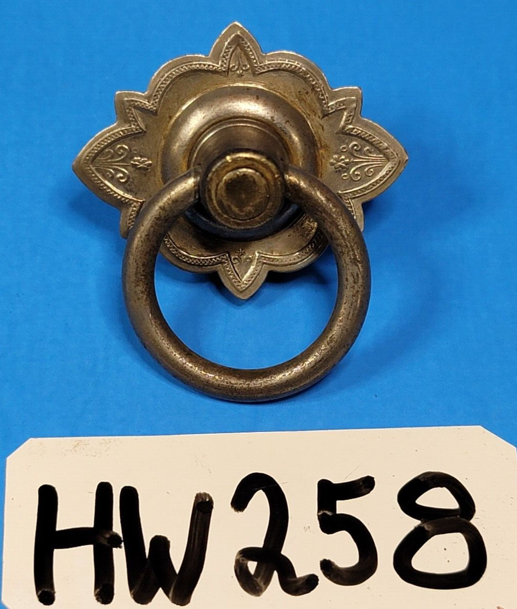 Drawer Pull Drop Ring Ornate Nickel Brass Floral Pattern Vintage