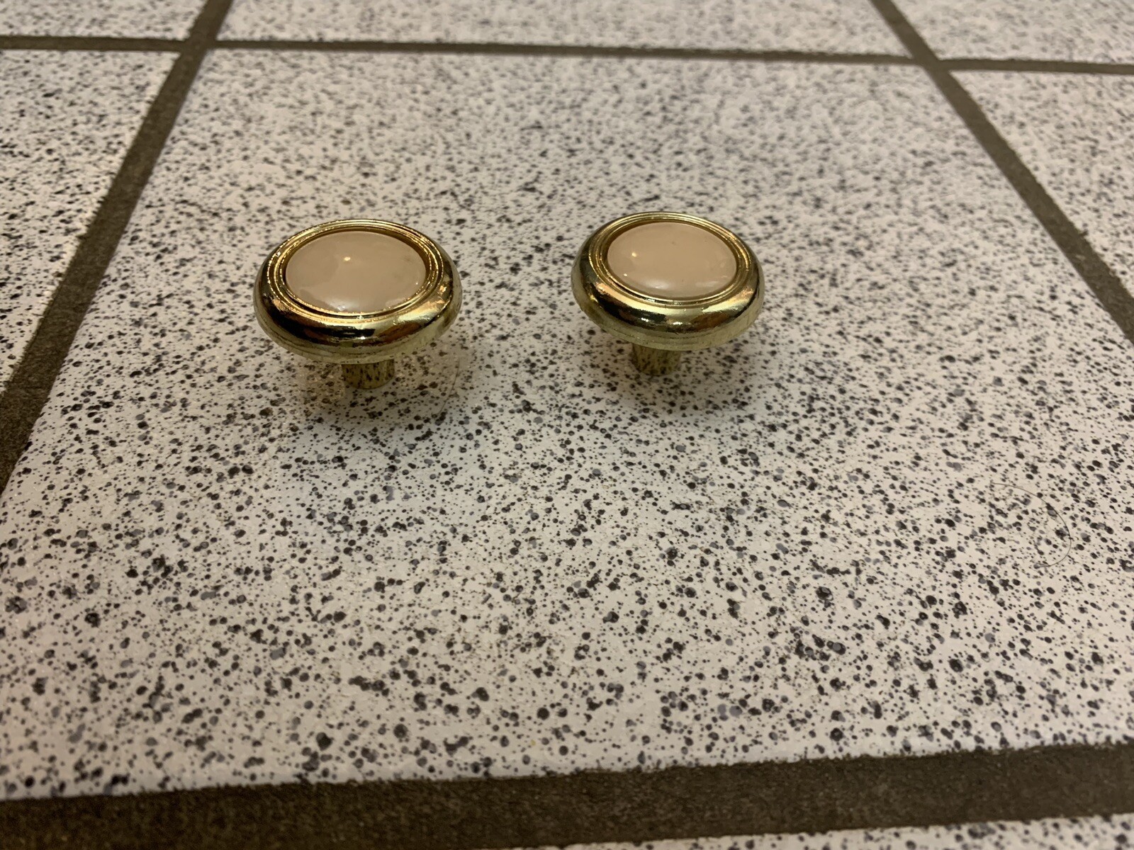 2 Knobs Beige Ceramic Brass Round Pulls Cabinet Drawer Heavy Mid Century Vintage