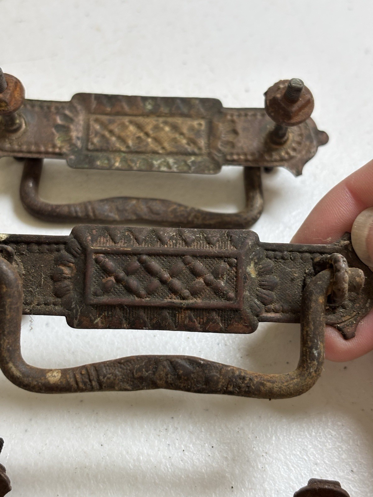 Antique Drop Bail Handles Drawer Dresser Ornate Brass Hardware 3”cc Set Of 3