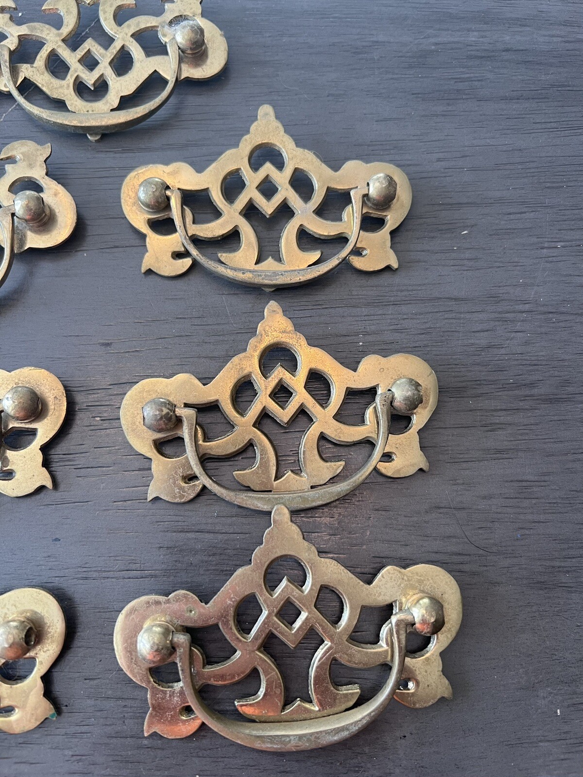 Lot 14 Vintage Fancy Ornate Pierced Brass Drawer Pulls Traditional Batwing NICE
