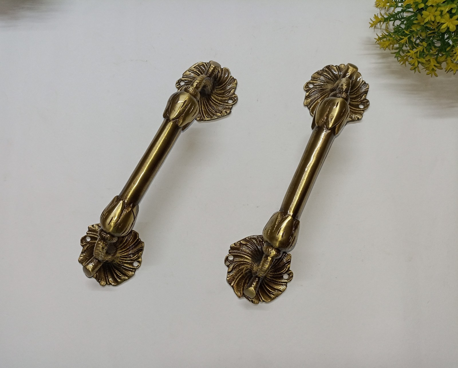 Lacquered Brass Flower Base Door Pull Floral with Twigs Design Handle Pair GTX