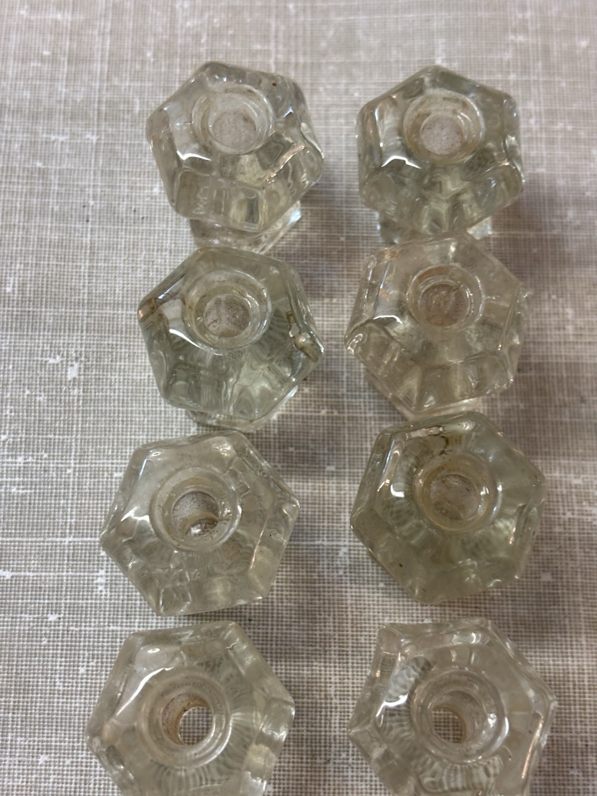 Vtg Set Of 10 Hexagon Shape Clear Glass Drawer Cabinet Pulls With Screws 40’s