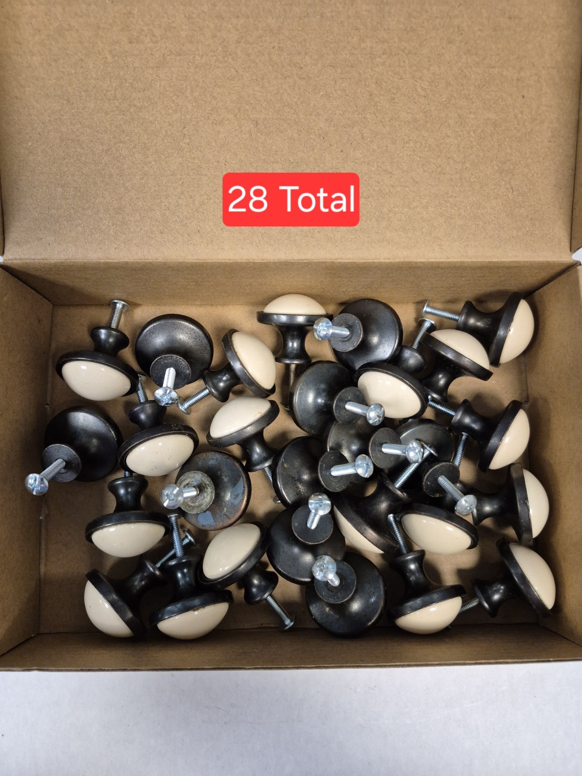 Set of 28 Cream/Tan Enamel Drawer Knobs Pulls
