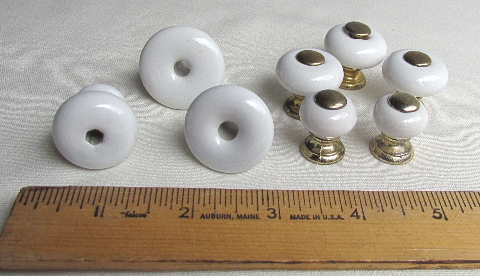 Vintage Mixed Lot of 8 White Porcelain Drawer Pulls Knobs 5 w/ Gold Inserts