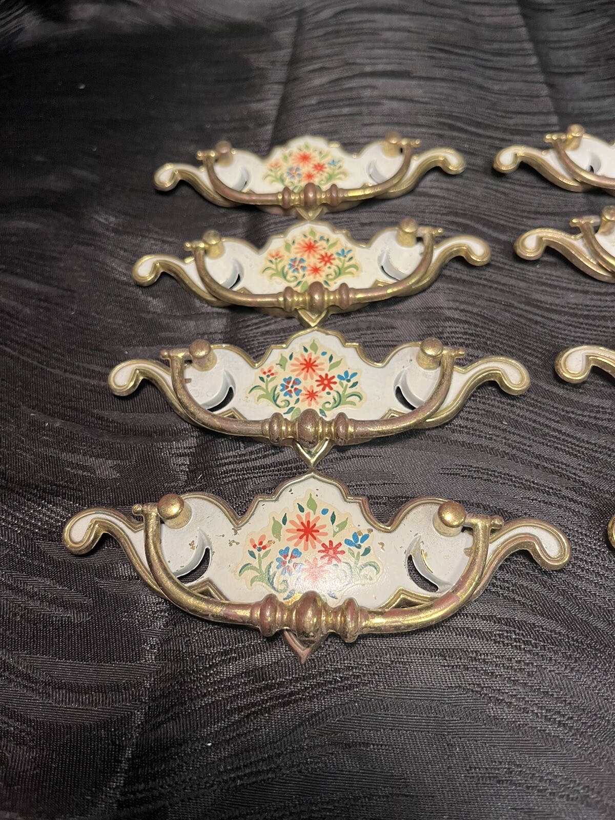 8pc Vintage Brass Drop Bale Dresser Cabinet Drawer Pulls White Floral Design