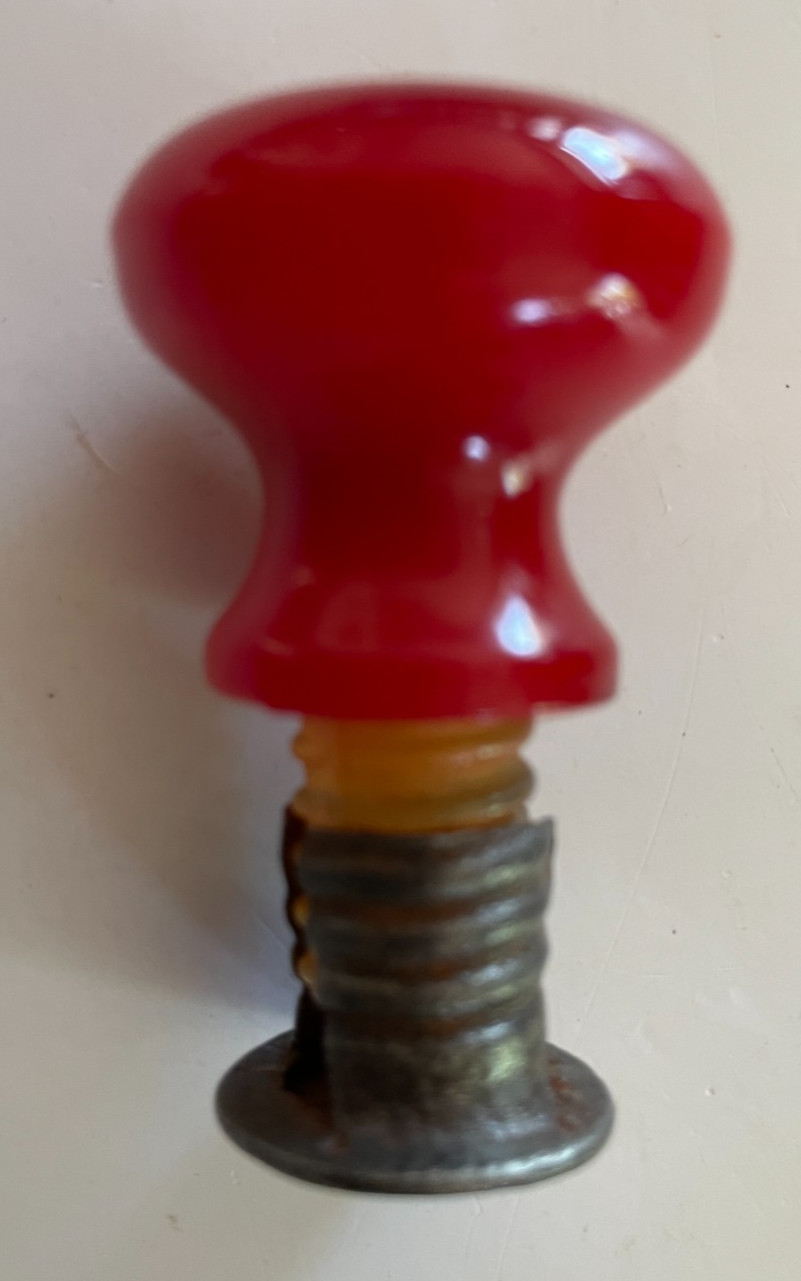 ONE Red Glass Hoosier Cabinet Style Threaded Knob Pull w/ Sleeve Hardware Orig
