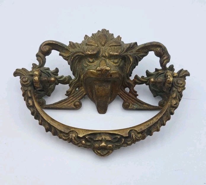 Antique Lion Face Drop Bail Pull Drawer Cabinet Handle Ornate Old Brass Hardware