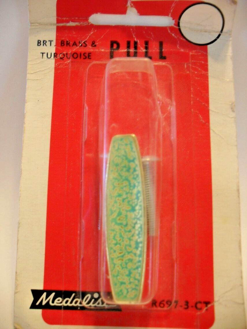 Vintage Nos Brass & Turquoise Drawer Knob Wedge Shaped Cabinet Pull Medalist