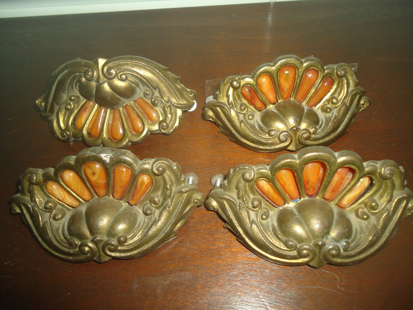 Victorian Era Antique Brass Bakelit Drop Drawer Pulls Handles Hardware (4 Total)