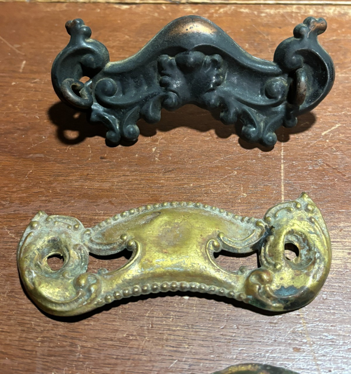 Lot of 9 Mixed Ornate Vintage Pressed Metal Drawer Backplates one with Pull