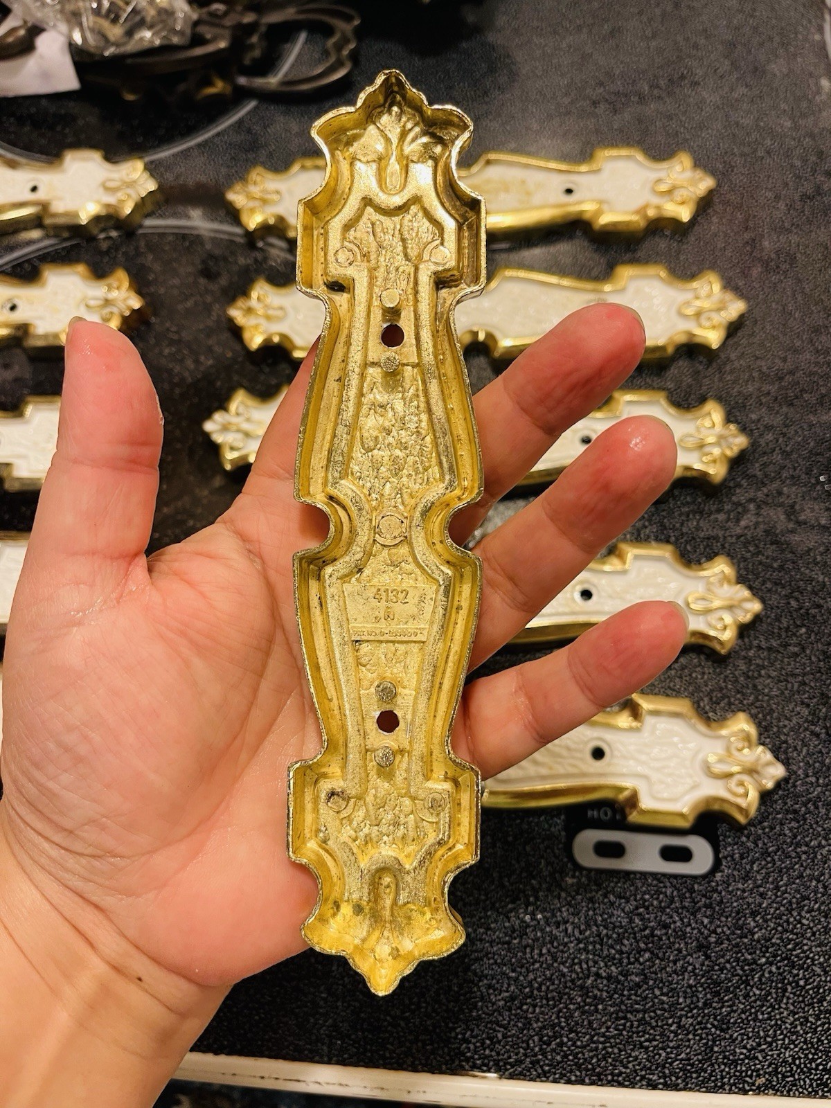 22 VTG MCM Drawer or Cabinet Handle Pulls Plates Gold White Geometric Modern