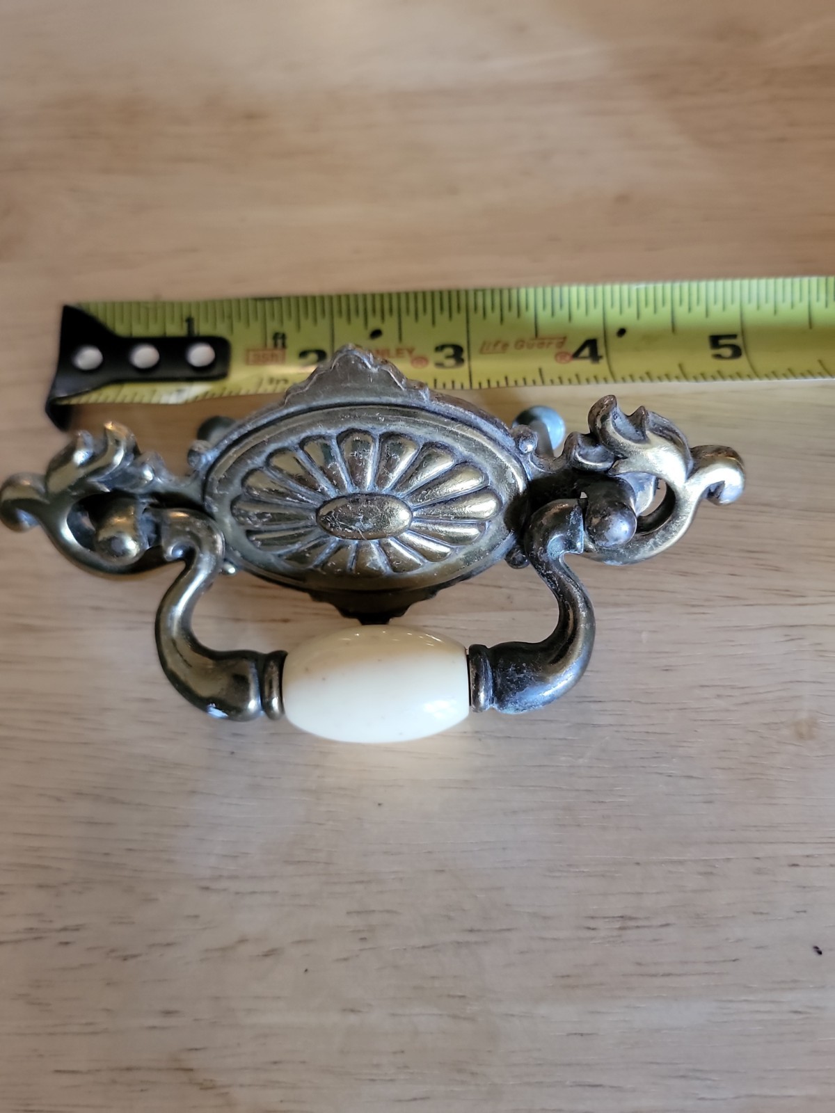 Vintage Brass Hardware Drawer Pulls With Beige Ceramic Center Bead Set Of 8
