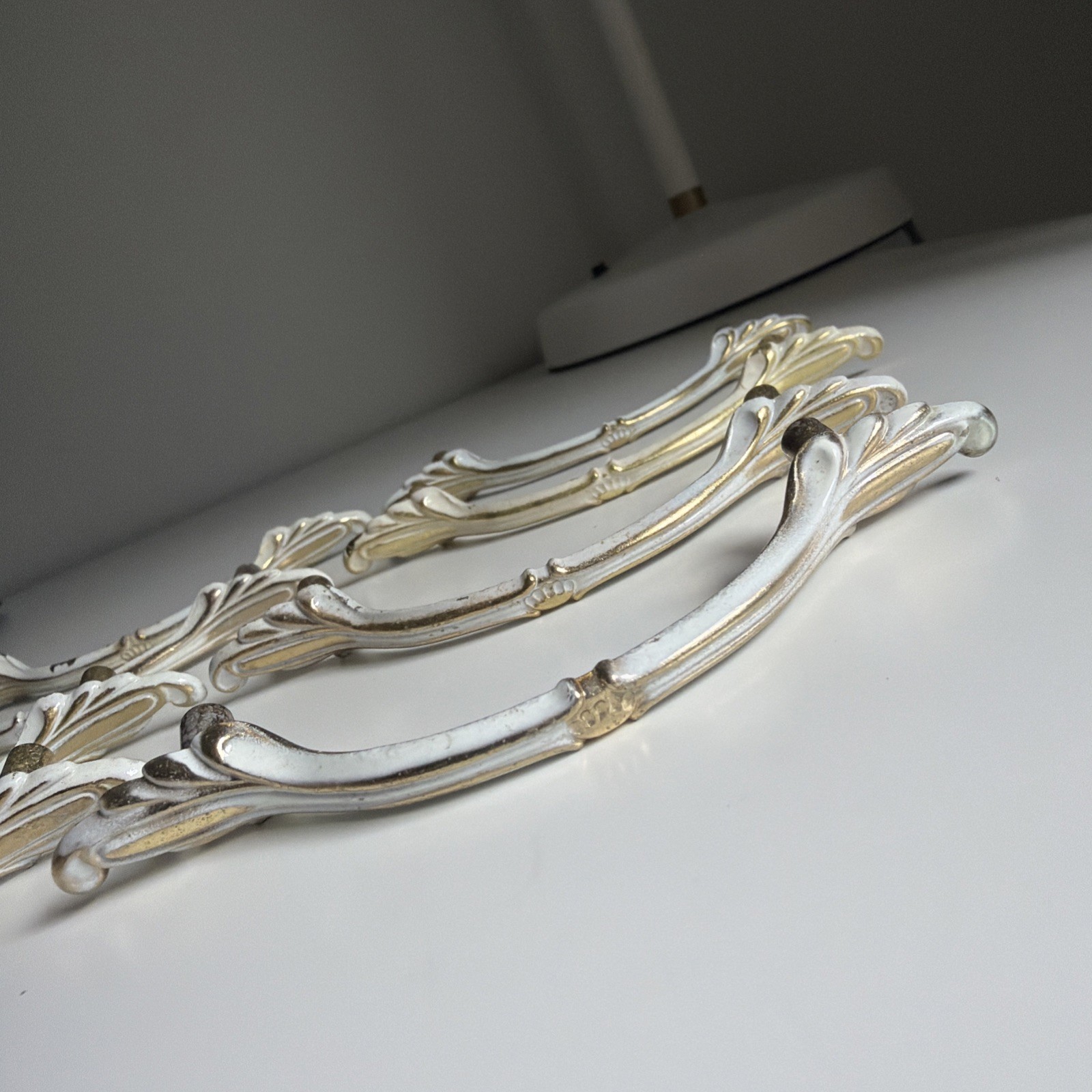 Vintage AJAX 989 8 Handles Cabinet Drawer Door Pull Gold White 3″ OC French Pro