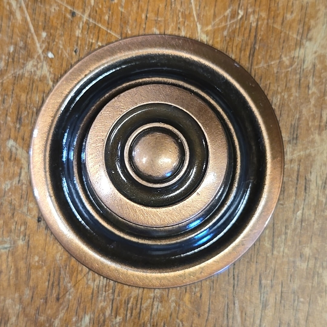 MCM Round Antique Copper Plate w/Cabinet Pull Knob Ruth Richmond / Weiser 1960s