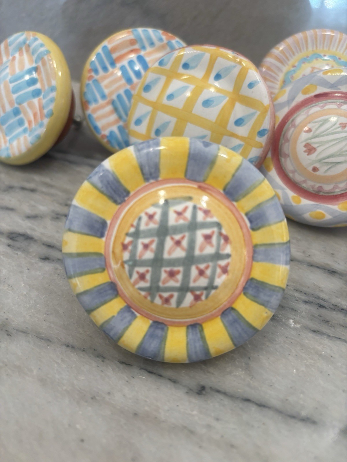 1 Mackenzie Childs ceramic blue yellow pink cabinet DRAWER PULL KNOB HANDLE