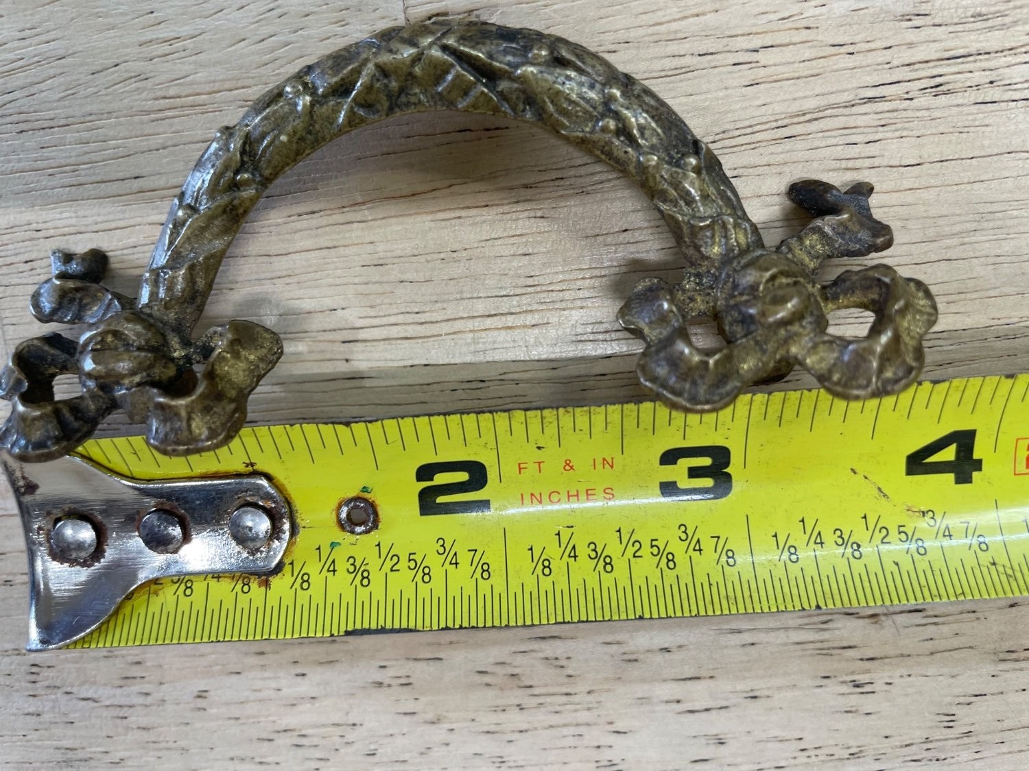 Vintage French Provincial Brass Drawer Pull Bow Ribbon Leaf 3″ Center to