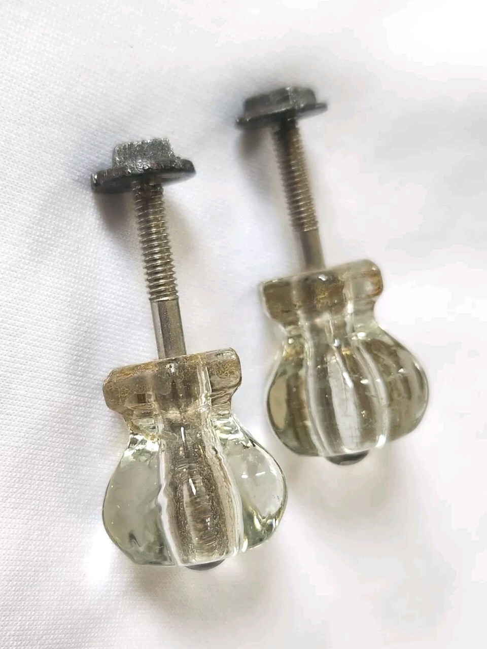 Vintage Clear Hexagon Gem Cut Glass Drawer Cabinet Knob Set Of 2