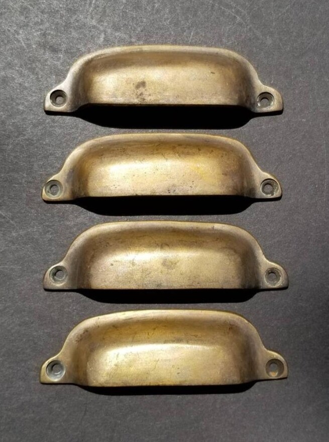4 Ant Style Solid Brass Apothecary Cup Drawer Bin Pull Handles 3-3/8″ cntrs #A19